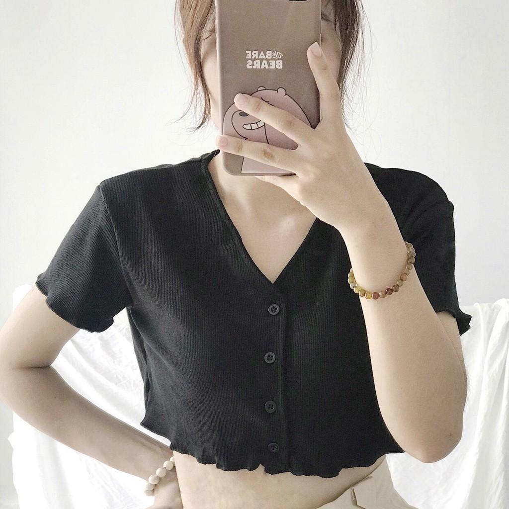 Áo Croptop Gân Bo Cổ Tim Rộng Nữ Ullzang