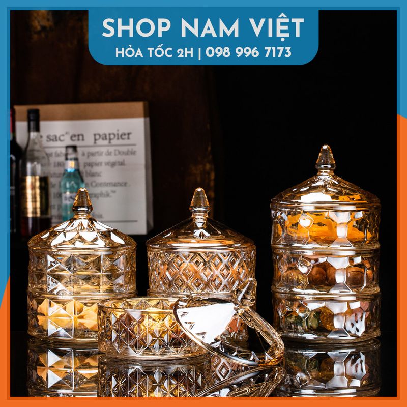 Hủ Mứt Thủy Tinh 2 Tầng Sang Trọng, Thố 2 Tầng Đựng Kẹo Mứt Tết