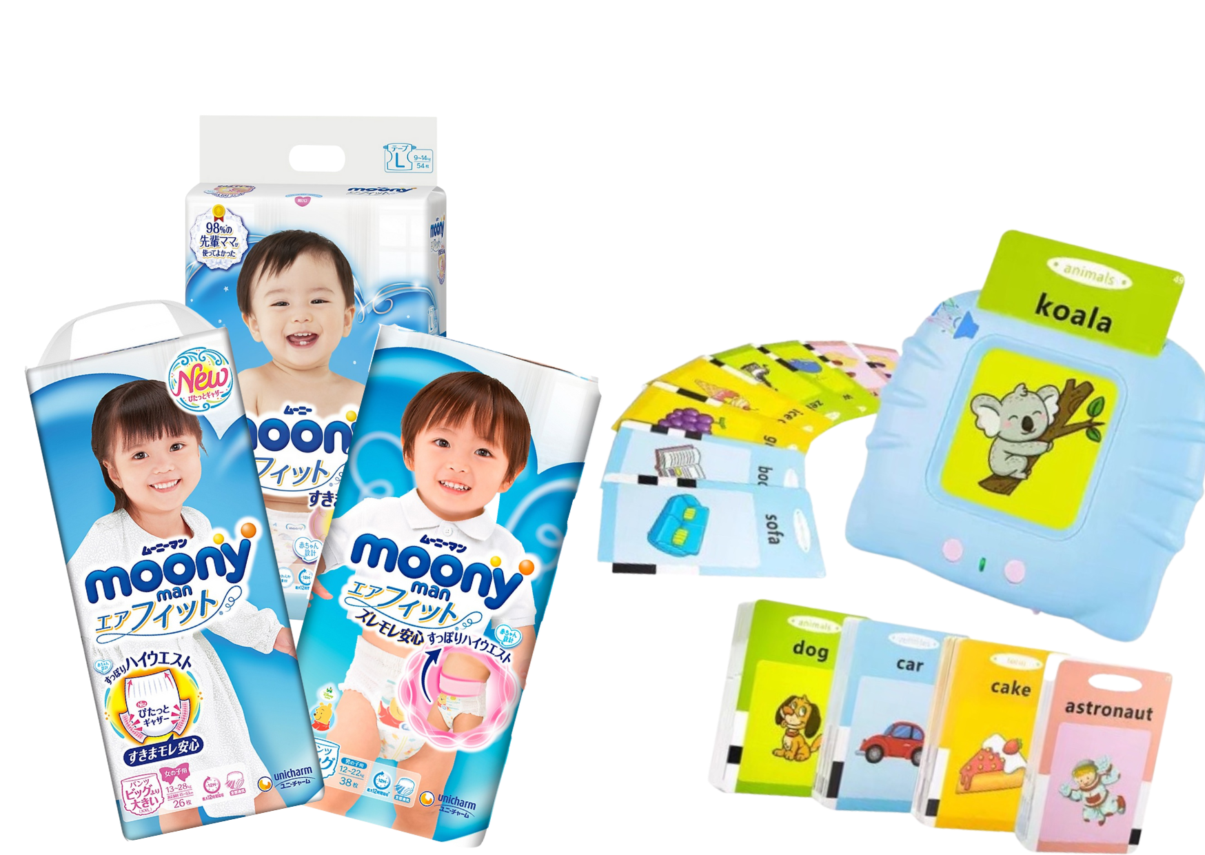 Combo 3 gói tã quần Moony cao cấp size M58/L44/XL38/XXL26 tặng máy học song ngữ Anh-Việt bao gồm thẻ TILO KIDS TLK-1199