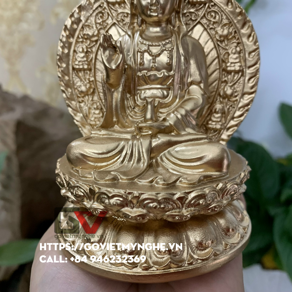 Tượng đá Quan Thế Âm Bồ Tát ngồi đài sen + chữ "Phật" - Chiều cao 15cm - Màu nhũ đồng