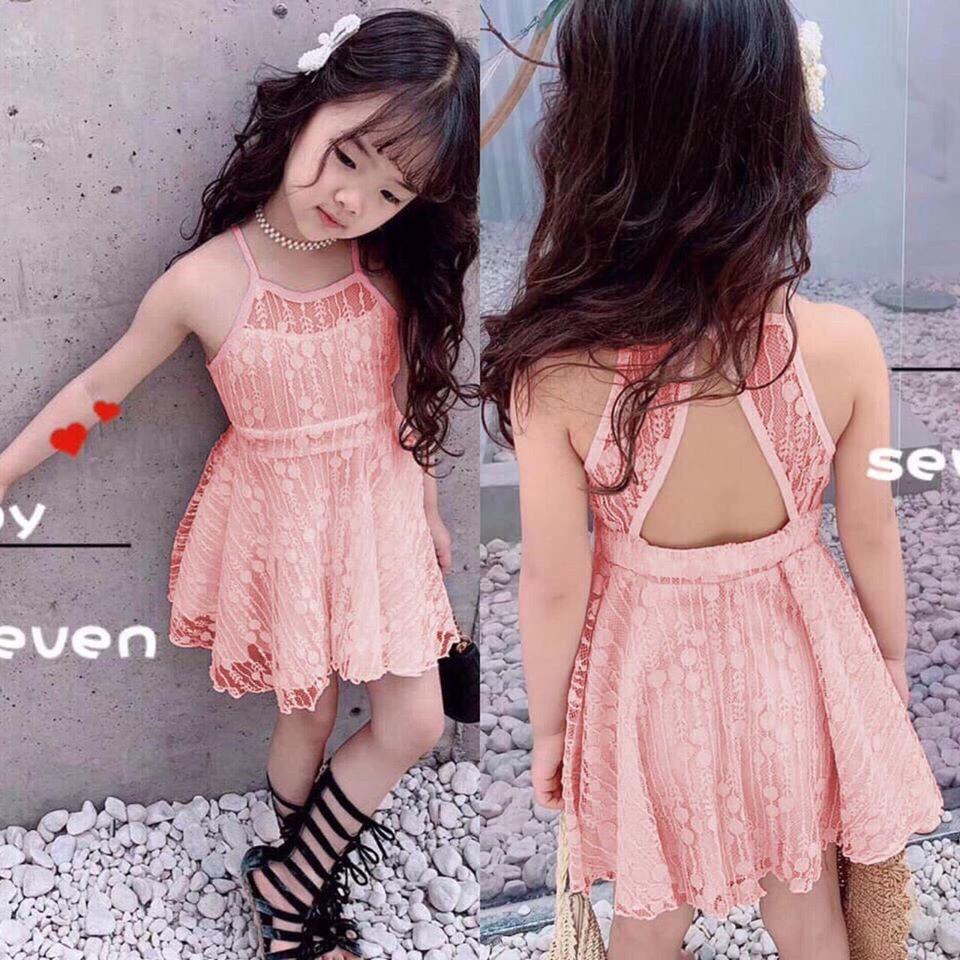 Đầm ren cổ yếm hở lưng cho bé
