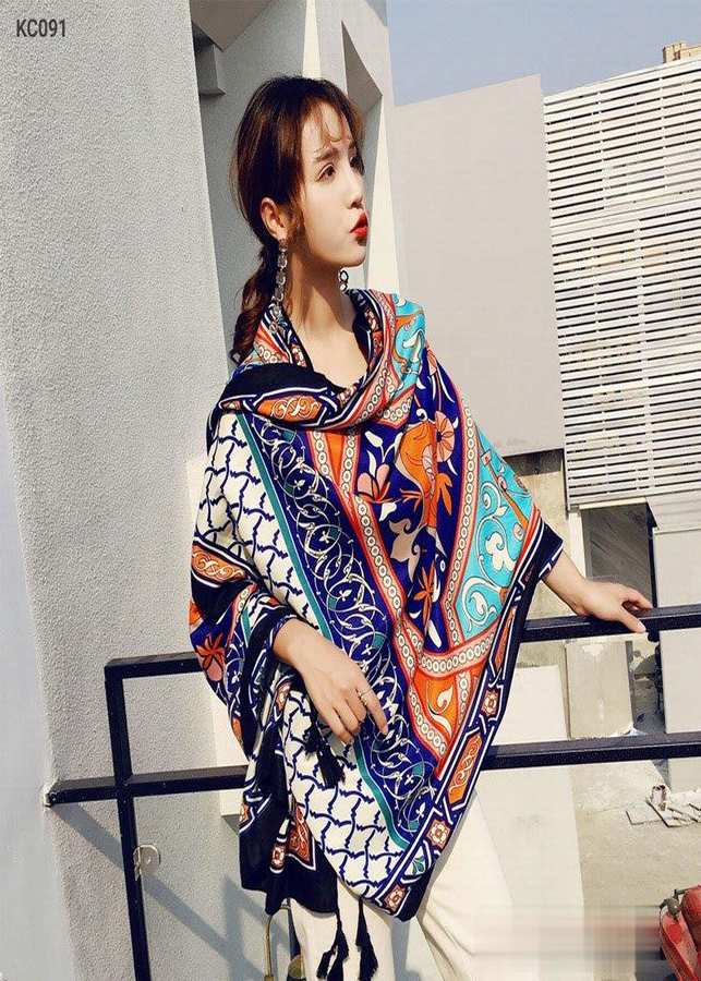 Khăn Choàng Cổ Họa Tiết Nhiều Màu Xanh Dương Cam Viền Đen - Cotton Viscose - 180x100cm - Mã KC091