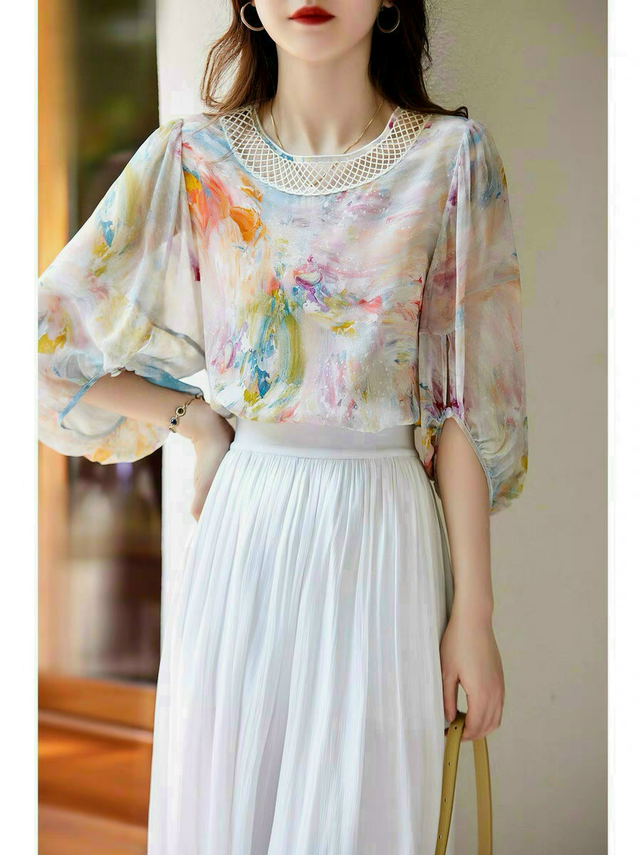 ÁO KIỂU LỤA TAY PHỒNG CỔ REN