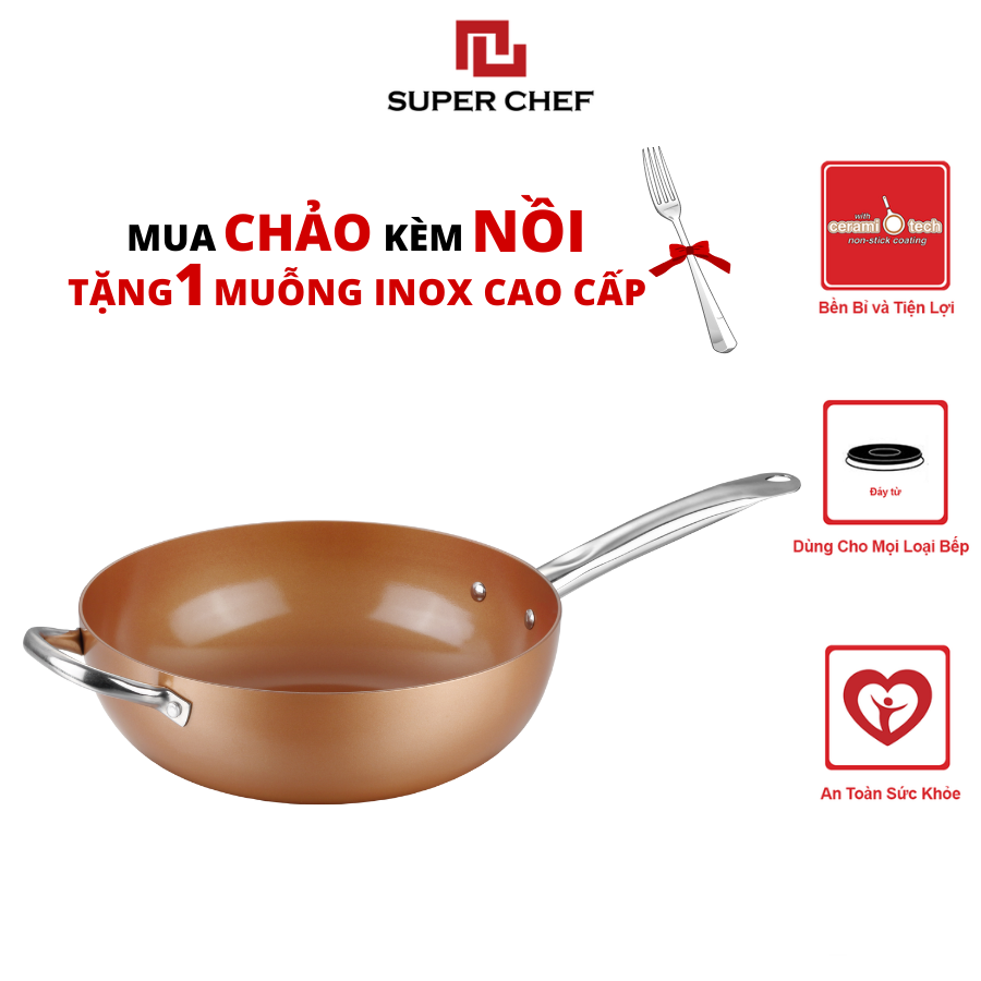 Chảo Chống Dính Ceramic Sâu Lòng ( Chảo Xào) Super Chef Cao cấp Siêu Bề Bỉ Không Bong Tróc, Siêu An Toàn, Tiện Lợi, Sang Trọng  size 26-28-30cm