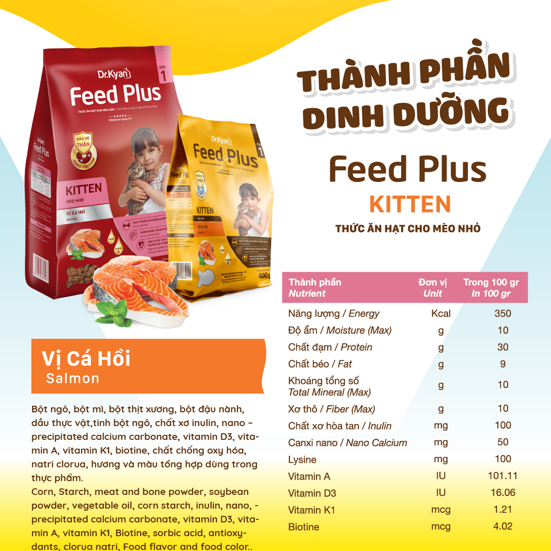 Dr.Kyan - Thức ăn hạt cho mèo nhỏ Feed Plus - Kitten 400g - Vị cá hồi