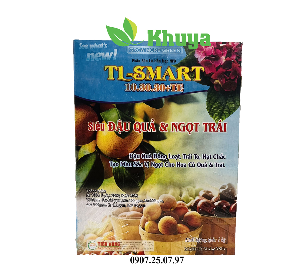 Phân bón lá hỗn hợp NPK TL Smart 10-30-30 + TE Siêu Đậu Quả và Ngọt Trái 1kg