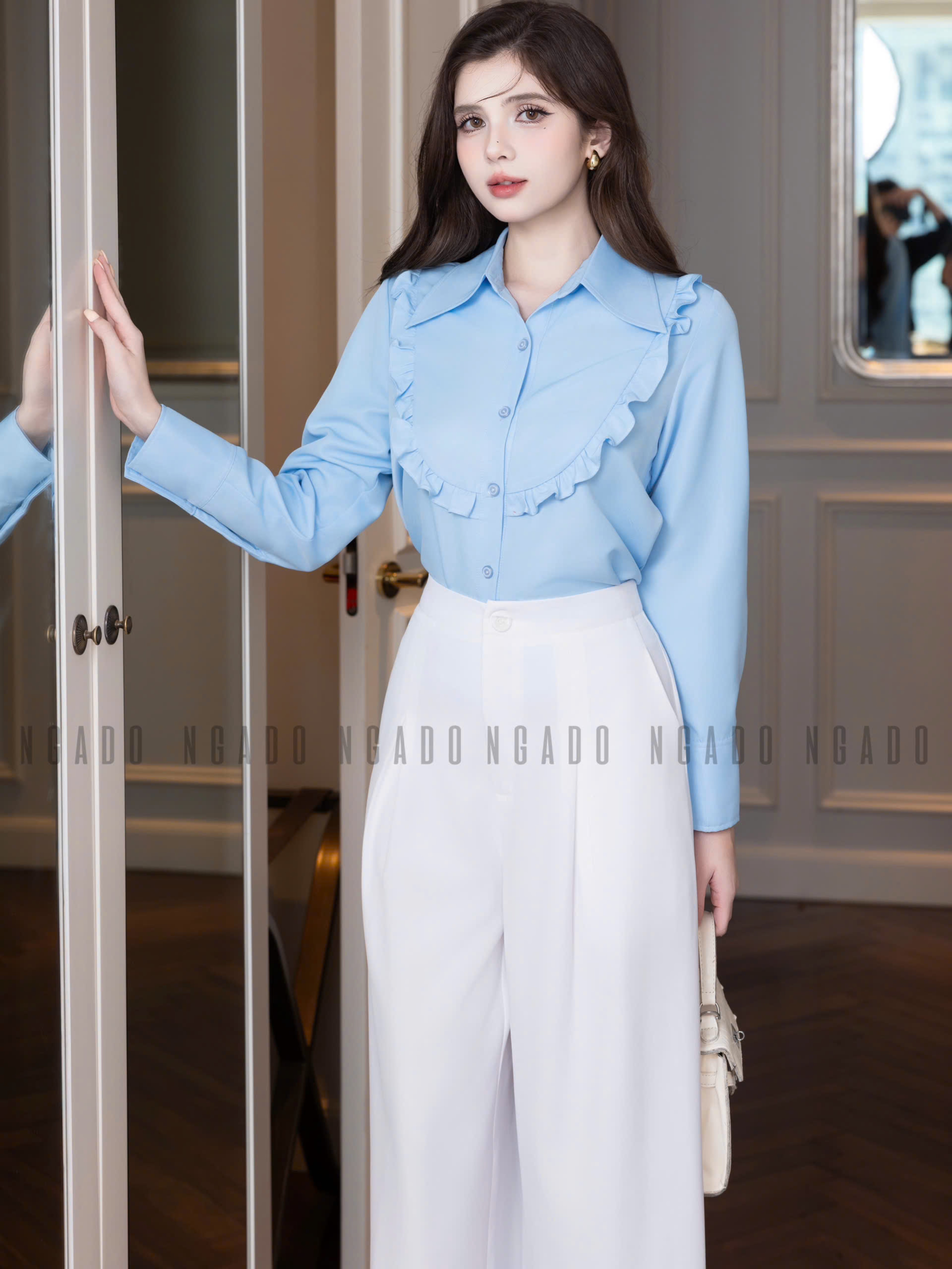 Set áo sơ mi xanh biển quần trắng NGADO , set áo quần dài , set áo quần Nữ