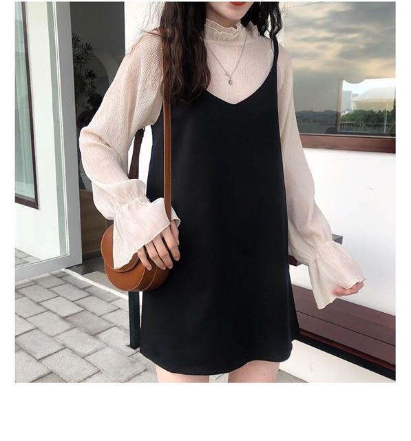 Set váy yếm + sơmi Hàn Quốc thanh lịch 2021
