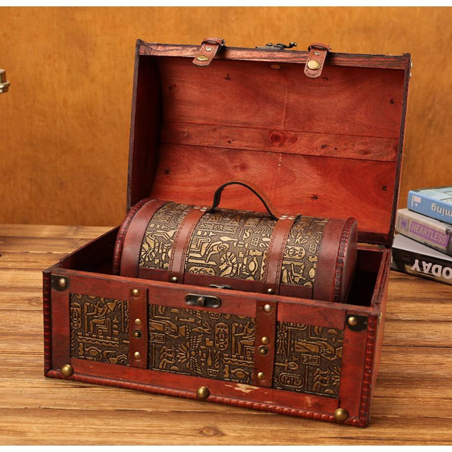 Hộp gỗ to hoa văn Ai Cập đựng đồ trang điểm, tư trang phong cách Vintage