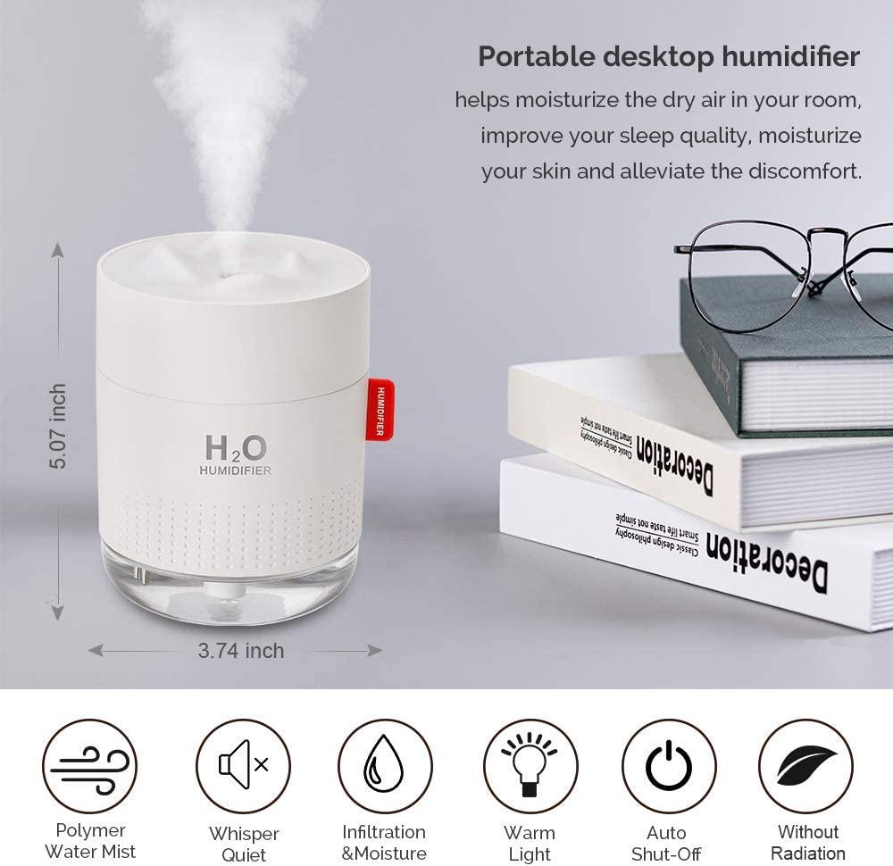 USB Sạc Máy Phun Sương Tạo Độ Ẩm 450Ml Cool Mist Không Khí Ẩm Mini Di Động Đèn LED 2000MAh Pin Không Dây Êm Xe Hơi