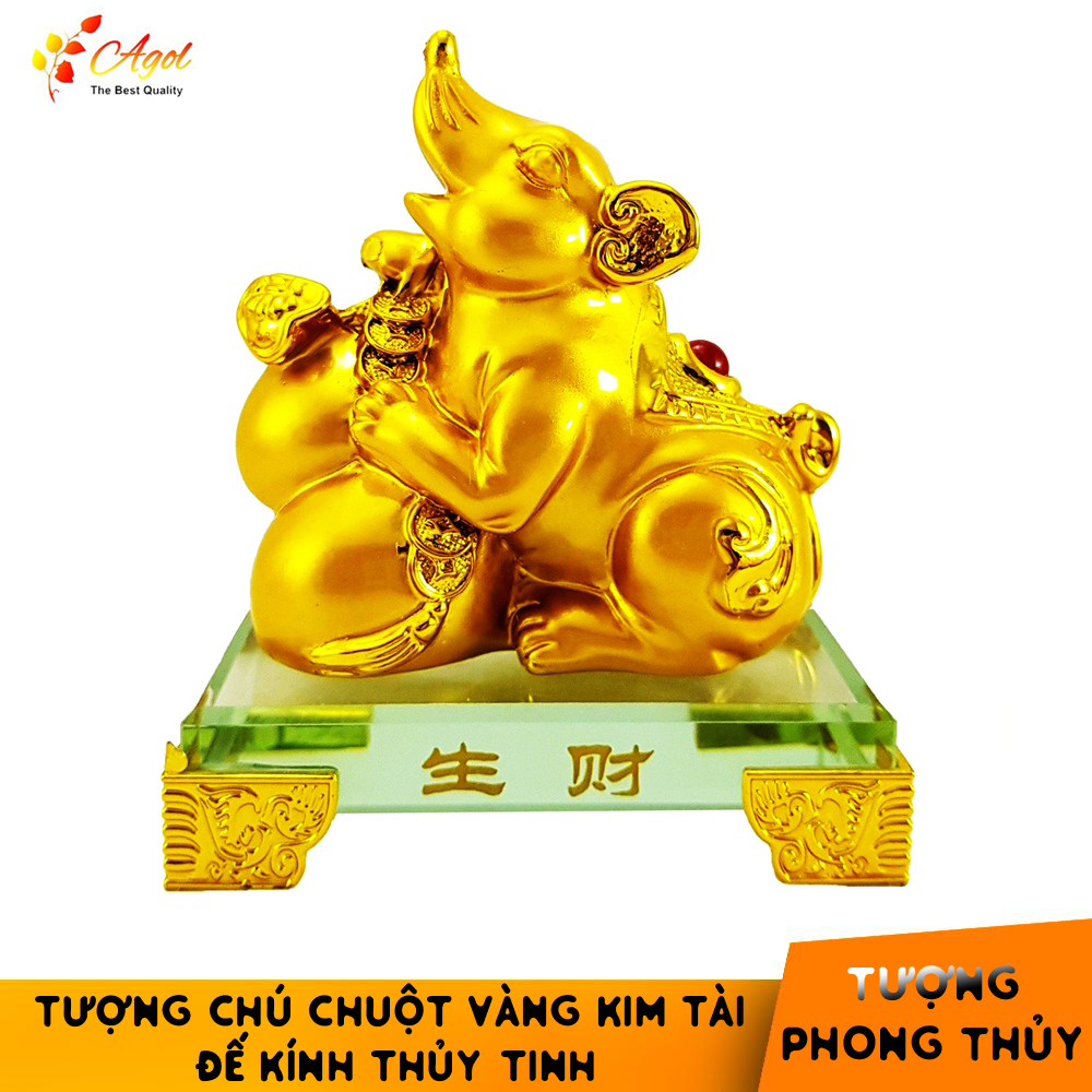Tượng chú chuột vàng đế kính thủy tinh cao cấp - Tượng Kim Tý Chiêu Tài - Hàng Nhập Khẩu