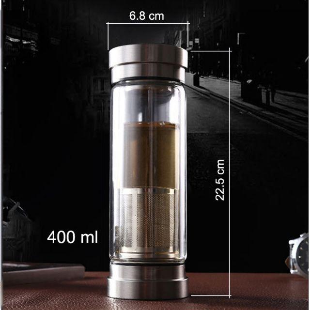 Bình lọc pha tra giữ nhiệt 300ml thủy tinh 2 lớp 2 đầu bằng inox304