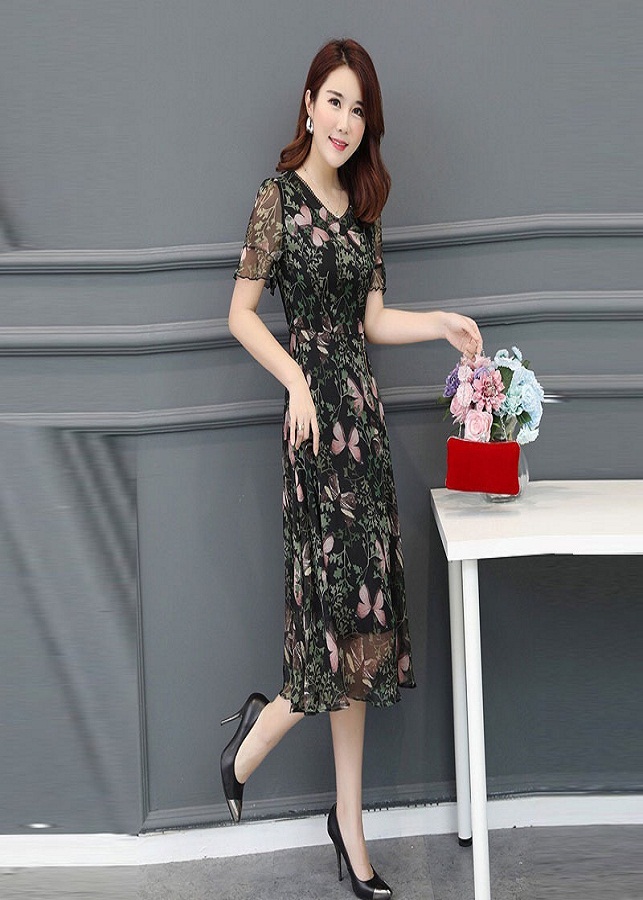 Đầm Xòe Voan Hoa 3D Tay Loe Cao Cấp