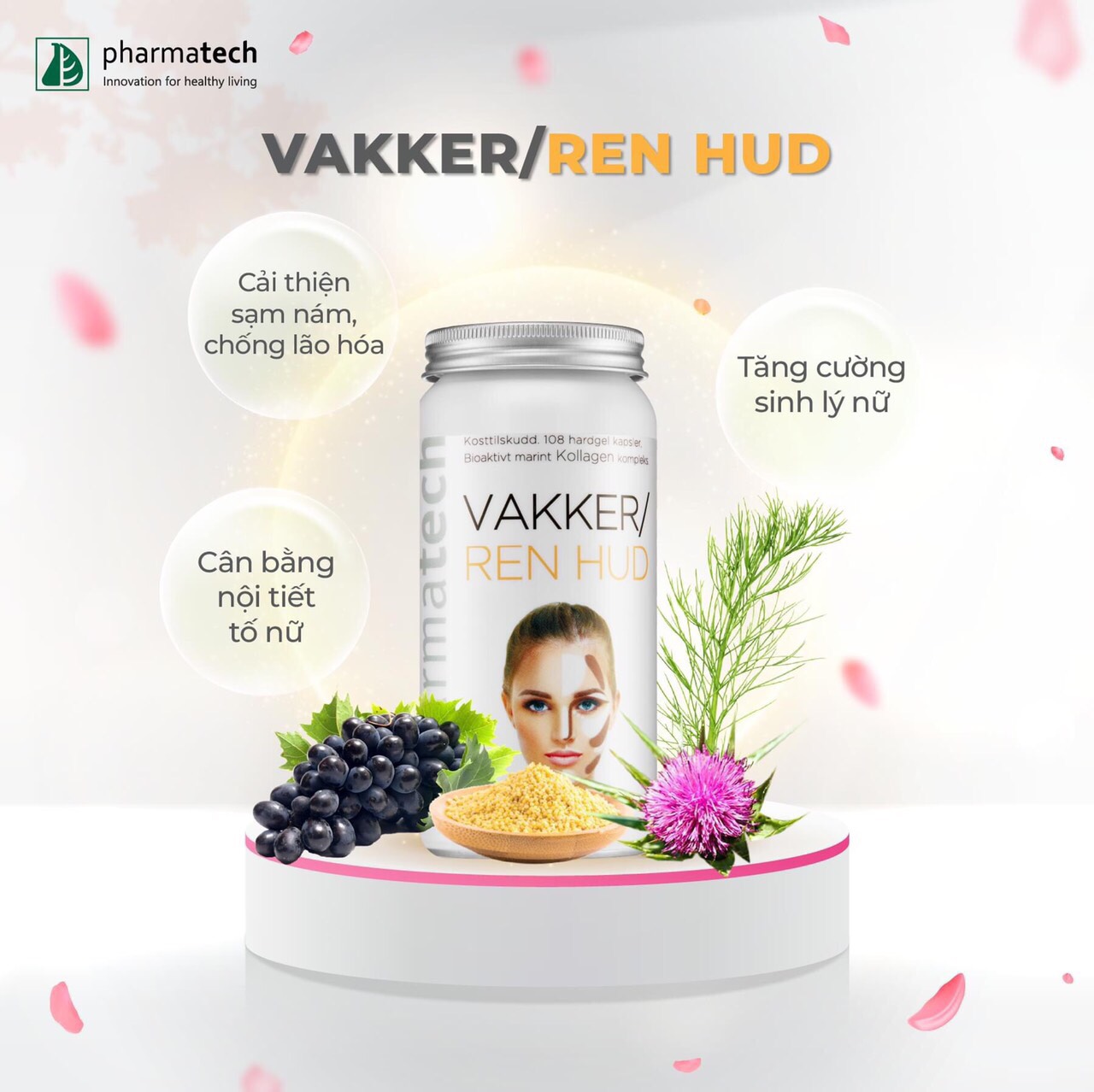 Viên nang hỗ trợ cải thiện nám và lão hóa da Pharmatech Cho Người lớn Vakker/Ren Hud Lọ 108 Viên