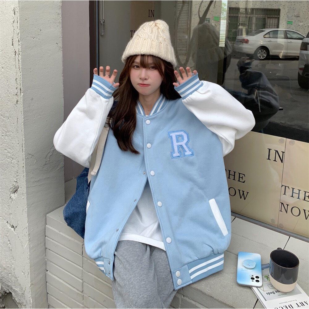 Áo khoác bomber phối tay họa tiết chữ R 2 màu xinh xắn - Moon Unisex