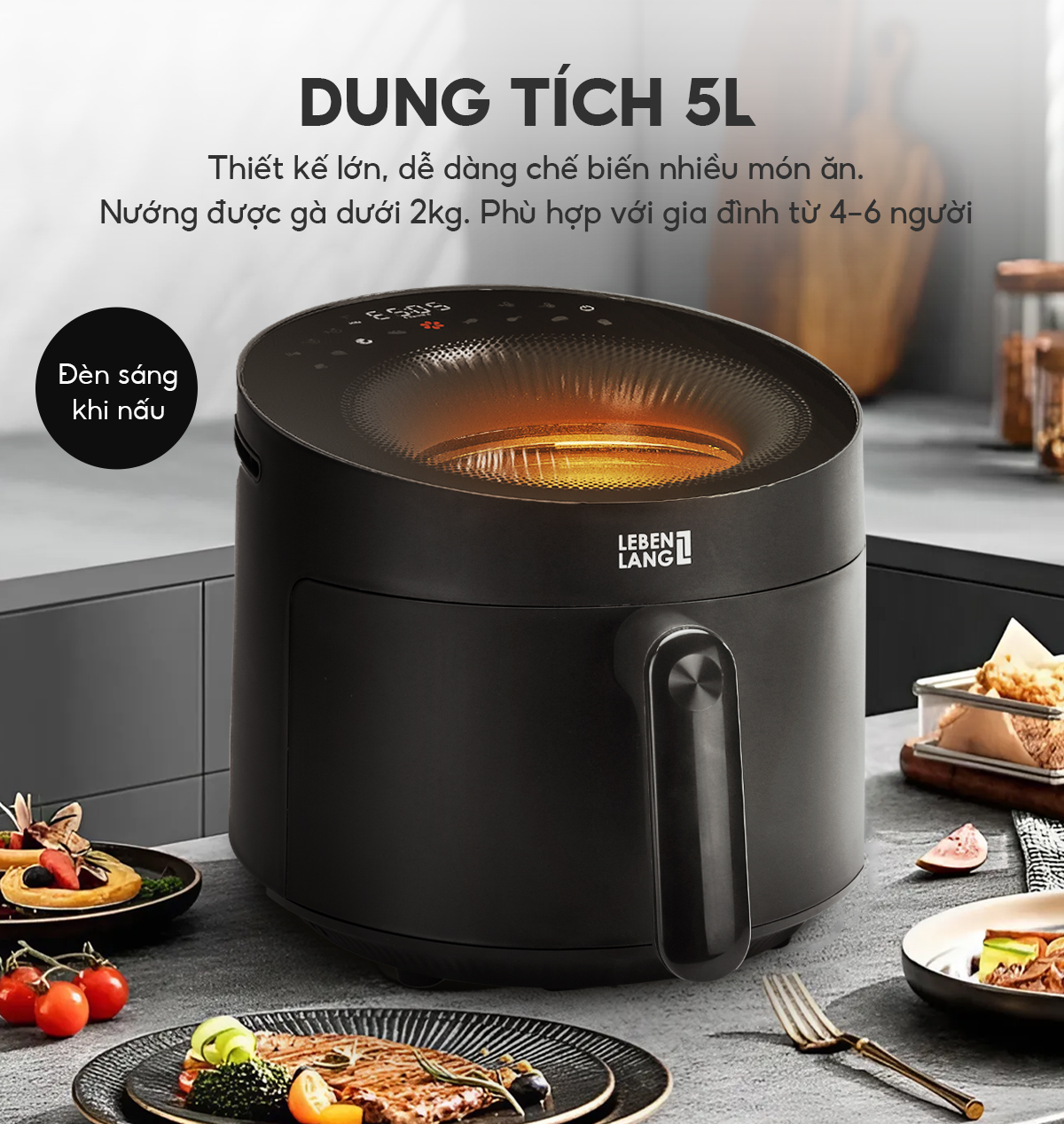 Nồi chiên không dầu Lebenlang LBL8187, 1500W, nồi 5L, mặt kính cường lực, bảo hành 2 năm - hàng chính hãng