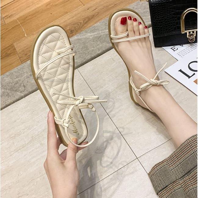 Giày Sandal xỏ ngón nữ quai ngang mảnh da mềm đế bệt lót trần chỉ đi êm chân 2 màu Kem + Đen xinh xắn - Mã S54