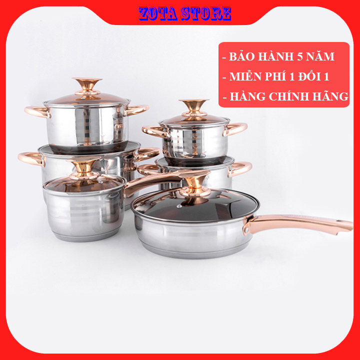 Bộ Nồi Đức 6 Món 12 chi tiết - Bộ Nồi Inox 5 Đáy Dùng Cho Mọi Loại Bếp