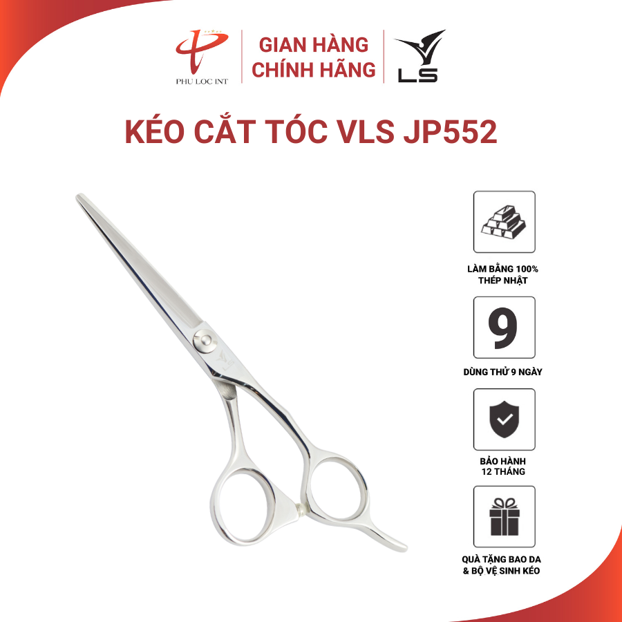 Kéo cắt tóc VLS JP552 lưỡi convex thẳng quai offset vênh đỡ ngón cố định - Hàng chính hãng