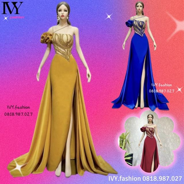 Đầm váy maxi dạ hội phi lụa kết đá cườm tay phồng xẻ đùi cúp ngực vàng đỏ xanh đi biển dự tiệc dạo phố bigsize gợi cảm