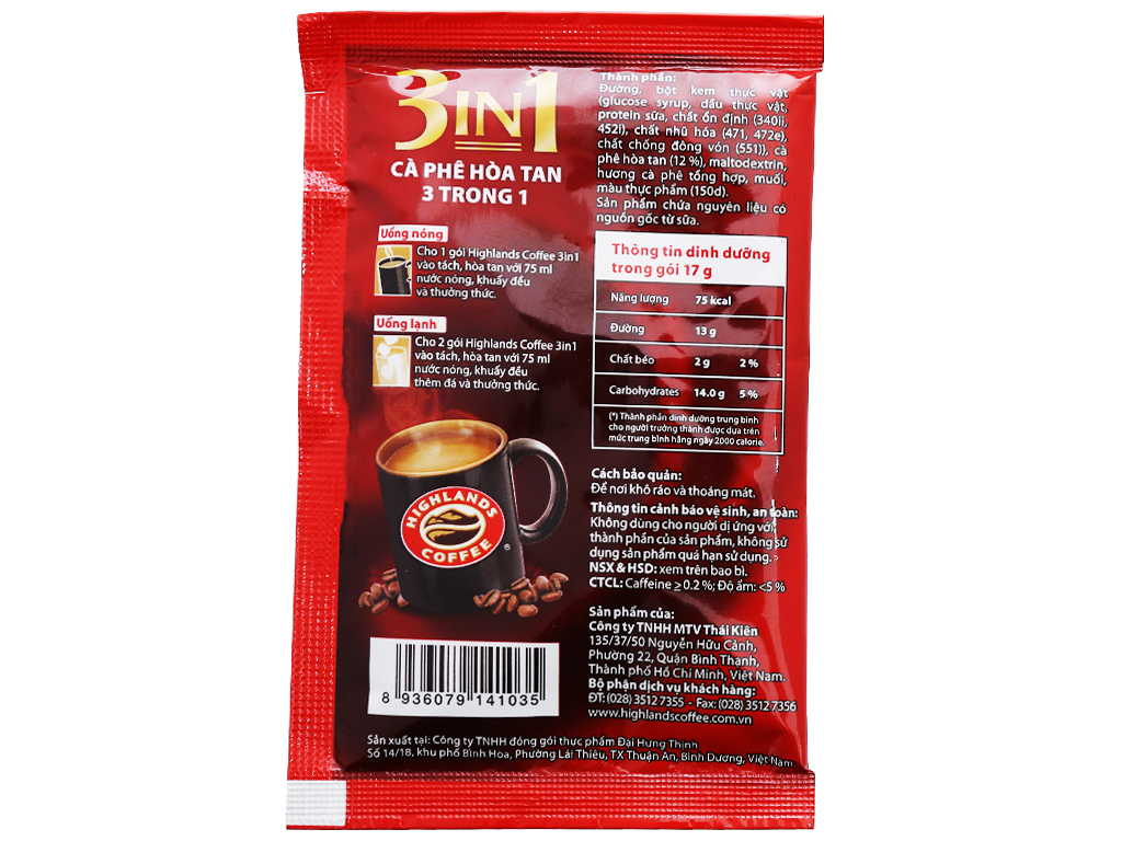 Cà phê hòa tan 3in1 Highlands Coffee 50 gói - 17g