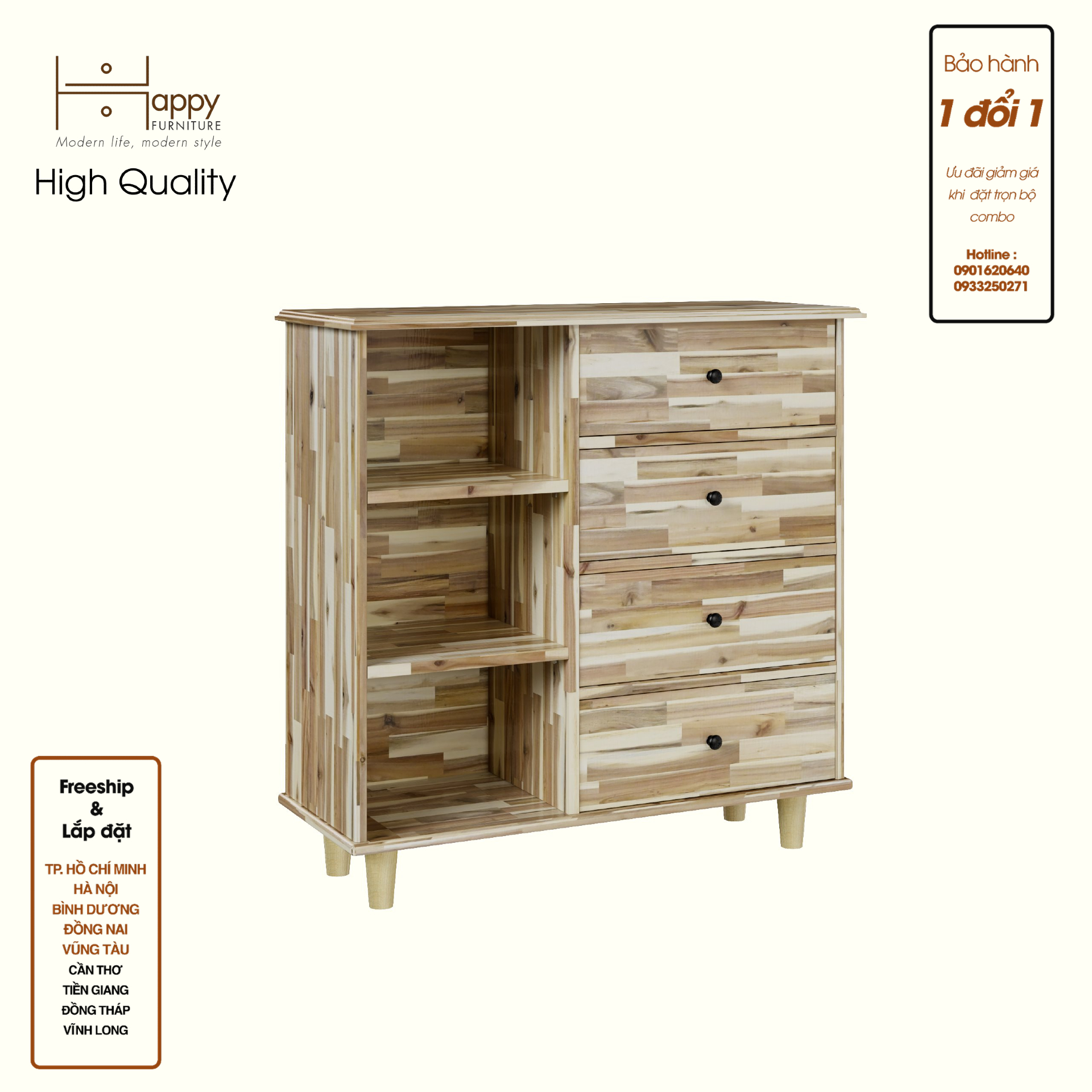 HAPPY FURNITURE , Gỗ tự nhiên , Tủ lưu trữ 4 ngăn kéo - FARAH , THK_183 , 90cm x 35cm x 90cm