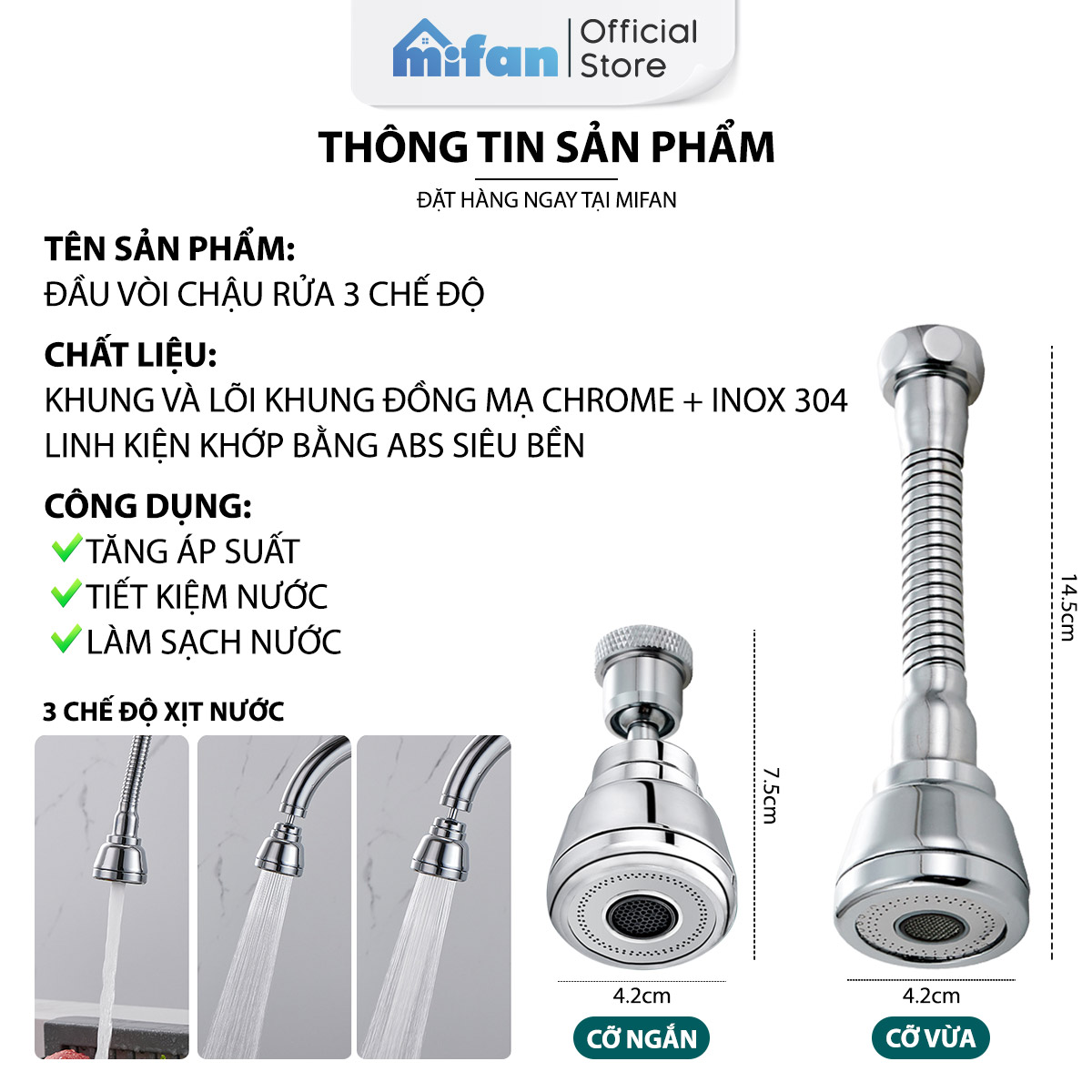 Đầu nối vòi rửa bát tăng áp đồng thau inox 304 cao cấp Mifan - Xoay 360 độ, 3 chế độ nước cực mạnh, sục khí chống bắn toé - Bồn rửa chén nhà bếp