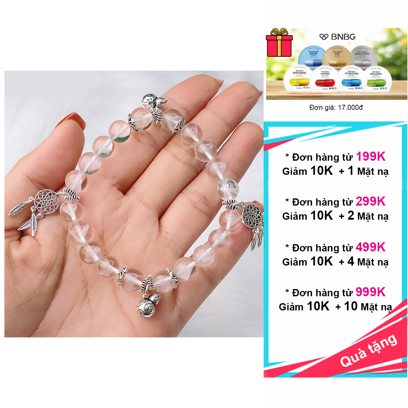 Vòng đá ưu linh trắng 8mm 5A mix charm bạc 925 cao cấp