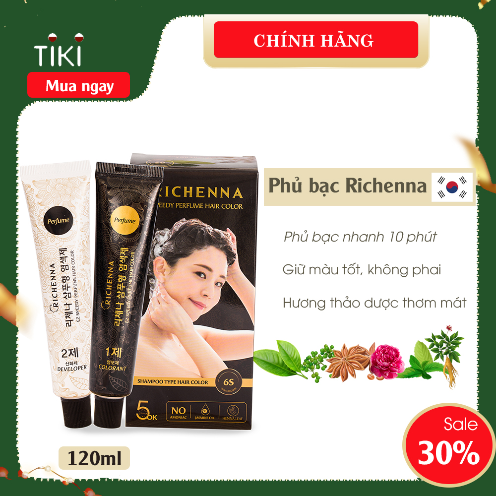 COMBO 3 hộp Gội nhuộm phủ bạc thảo dược Richenna EZ Speedy Perfume Hair Color hương nước hoa màu nâu đen 60G