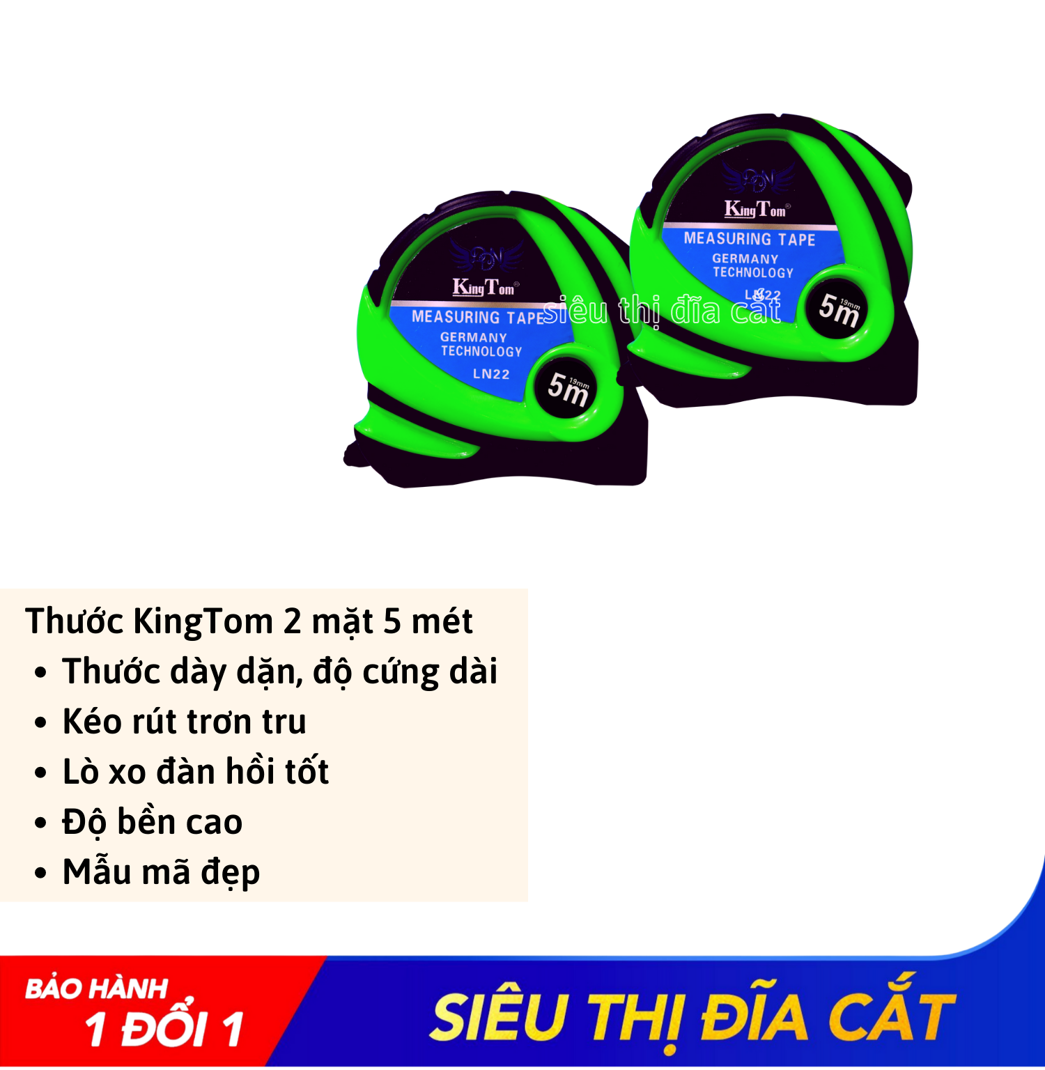 Thước 2 Mặt KingTom Xanh Lá TKT- LN22-5m - Thước Lỗ Ban - Kéo Rút Trơn Tru - Lẻ 1 Cái