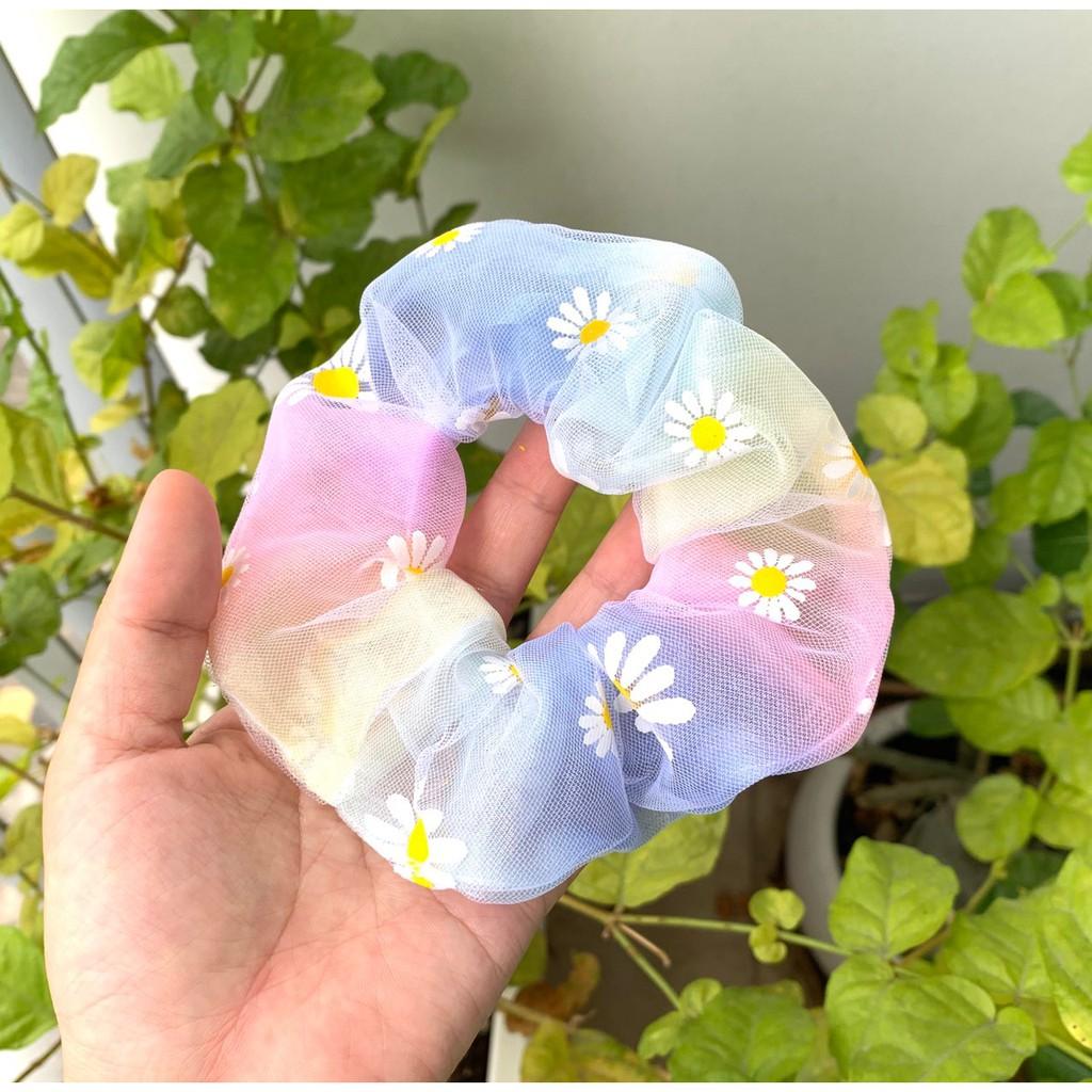 Cột tóc scrunchies voan lưới hoa cúc