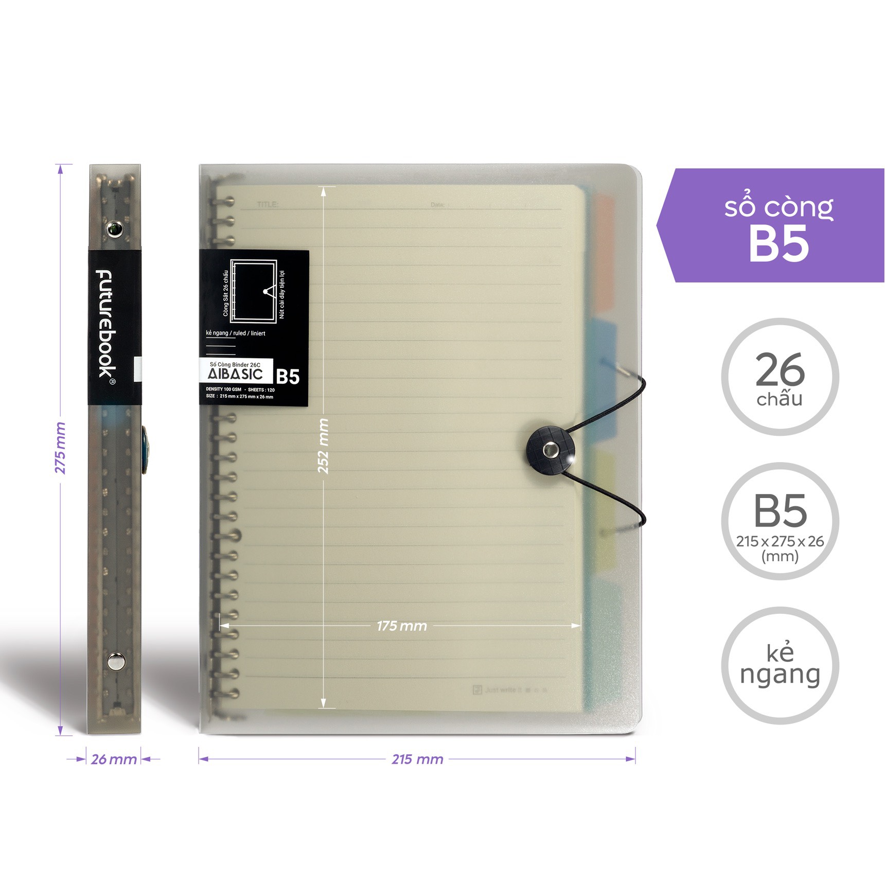 FUTUREBOOK-Sổ Còng Binder Aibasic B5 26 chấu, Kèm Ruột Giấy Refill-120 Trang - Định Lượng 100Gsm-Dòng kẻ Caro_Kẻ Ngang