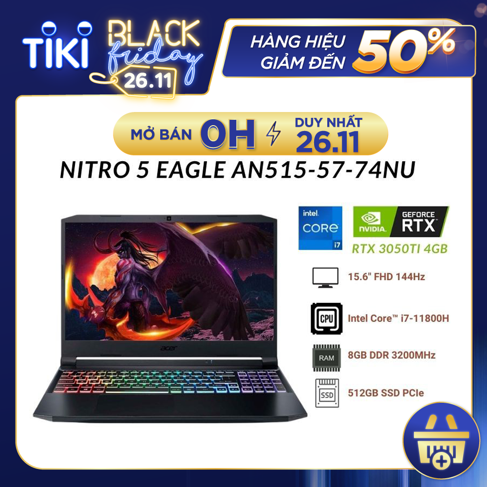 Laptop Acer Gaming Nitro 5 Eagle AN515-57-74NU NH.QD9SV.001 (Core i7-11800H/ 8GB DDR4 3200Mhz/ RTX 3050Ti 4G-GDDR6/ 512GB SSD PCIe NVMe/ 15.6 FHD IPS, 144Hz/ Win10) - Hàng Chính Hãng