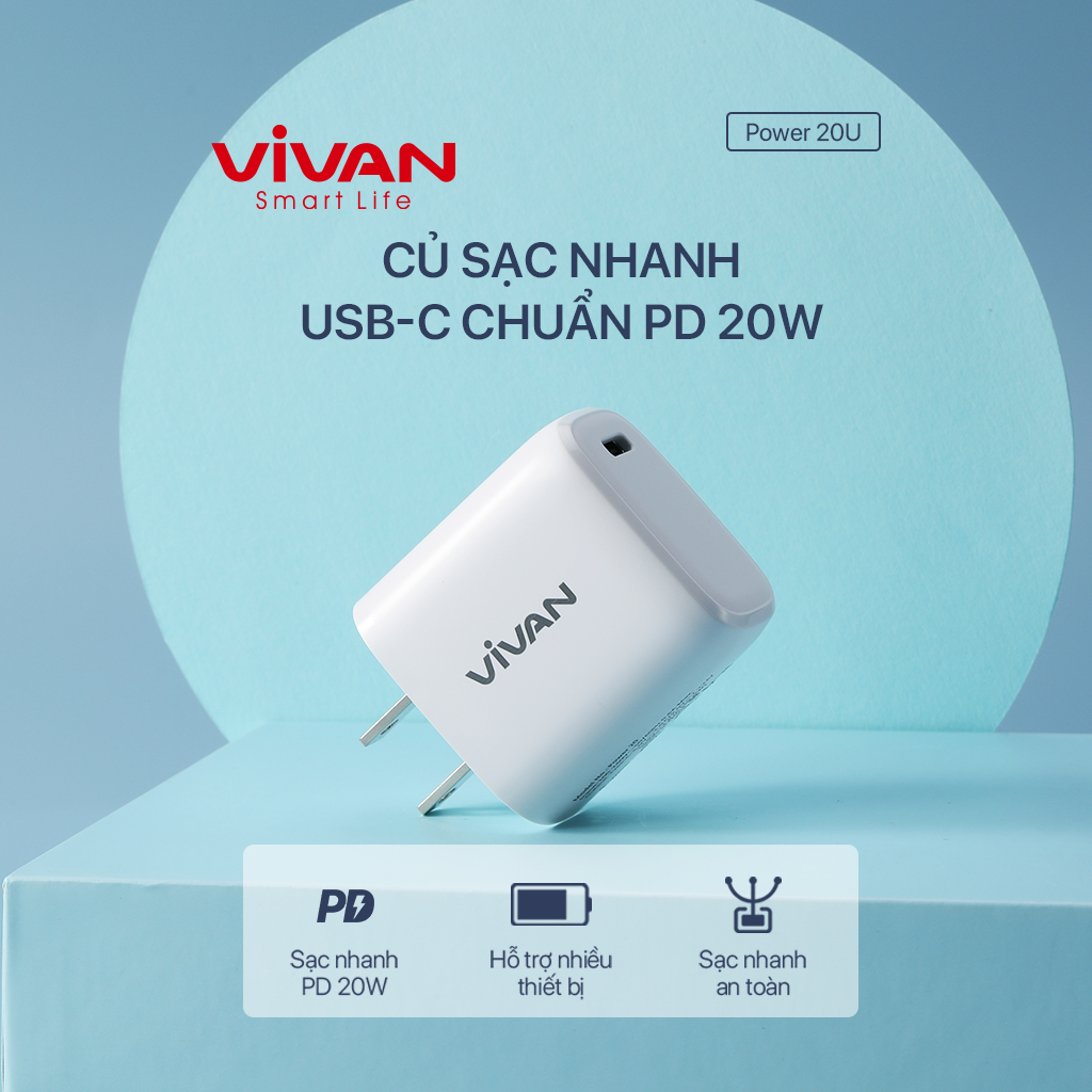 Cốc Sạc Nhanh VIVAN POWER 20U Công Suất 20w Sử Dụng Quốc Tế - Hàng Chính Hãng