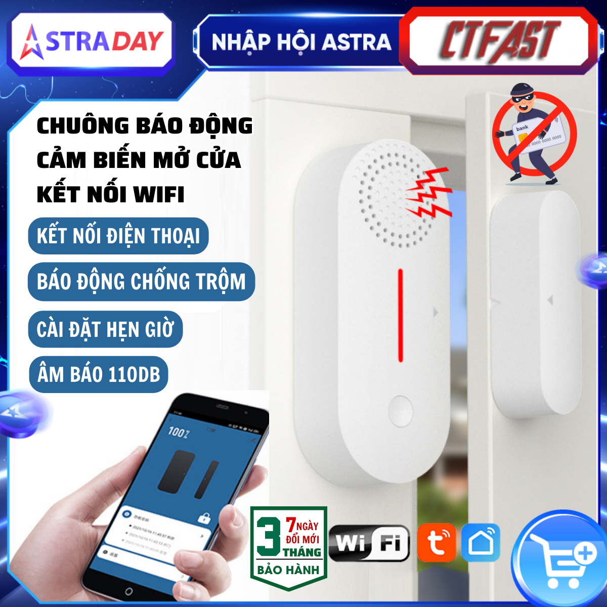 Chuông báo động chống trộm, báo khách mở cửa kết nối wifi CTFAST AW301 - Điều khiển từ xa qua app, âm báo 100 db hẹn giờ thông minh - Hàng chính hãng