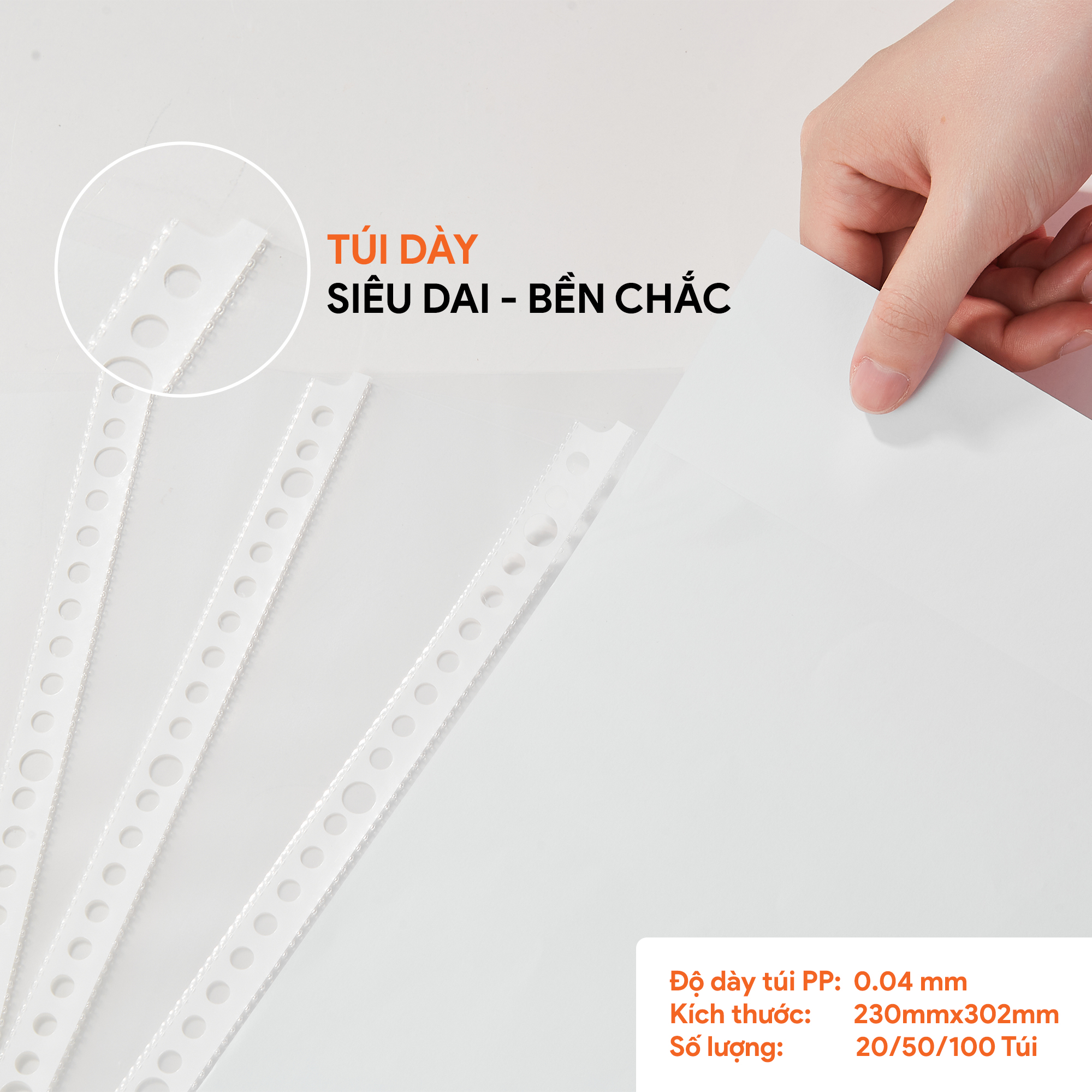 Bìa Lỗ A4, Túi Sơ Mi Lỗ AO+ dày 0.04 mm đựng tài liệu văn phòng dùng với bìa còng PA004