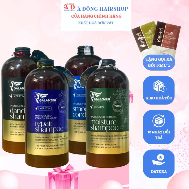 BỘ DẦU GỘI XẢ GALANZER KERATIN MỀM MƯỢT PHỤC HỒI - DƯỠNG ẨM - SẠCH GÀU DẦU BẾT 1000ML + GỘI XẢ GÓI KARSEELL 15ML