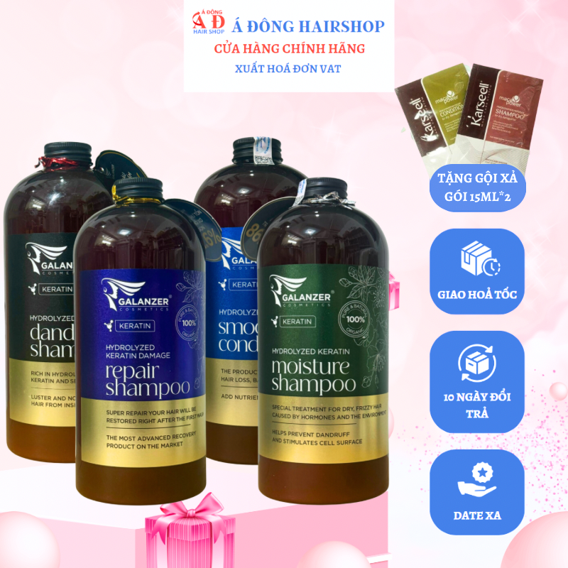 BỘ DẦU GỘI XẢ GALANZER KERATIN MỀM MƯỢT PHỤC HỒI - DƯỠNG ẨM  - SẠCH GÀU DẦU BẾT 1000ML + GỘI XẢ GÓI KARSEELL 15ML