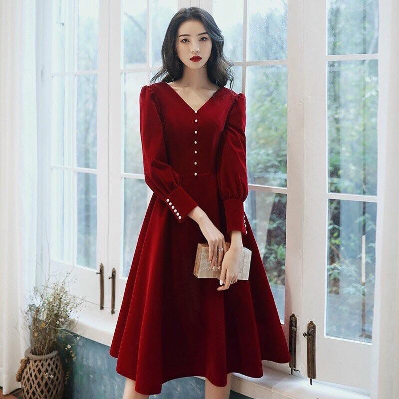 Đầm xoè tay dài cổ V đính nút thu đông kèm hình chụp thật