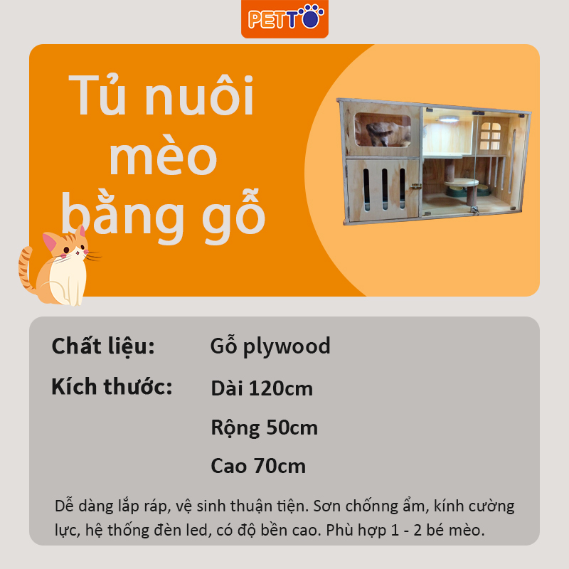 Chuồng cho mèo PETTO bằng Gỗ thiết kế hiện đại, kết hợp ĐÈN LED cao cấp mang lại nhiều không gian cho mèo CC059