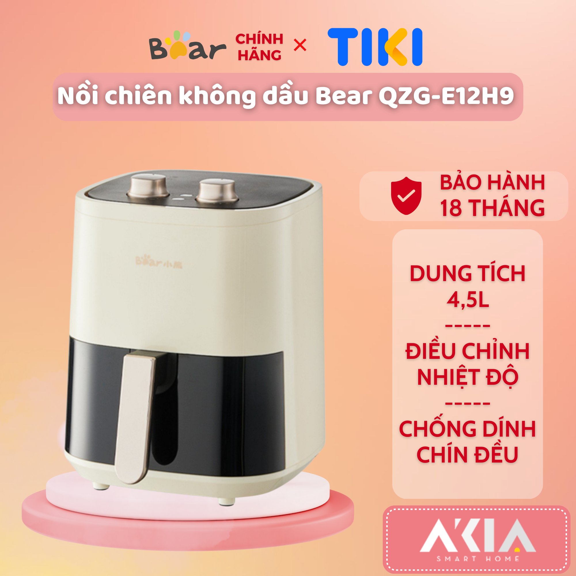 Nồi chiên không dầu Bear QZG-E12H9 - Dung tích 4,5L , Điều chỉnh nhiệt độ, Hẹn giờ, Công suất 1500W - Hàng chính hãng, Bản quốc tế