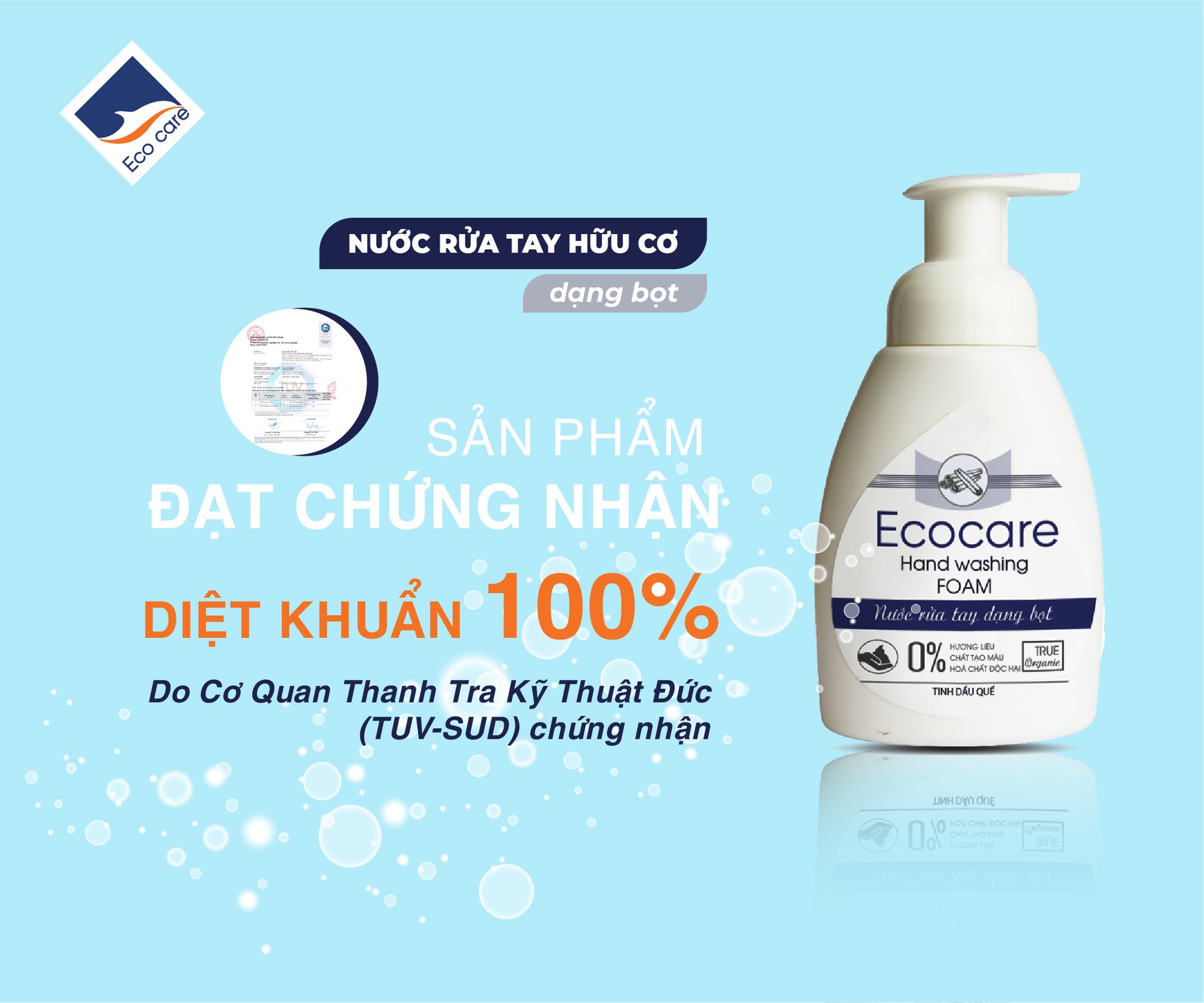 Nước Rửa Tay Bồ Hòn Hữu Cơ ECOCARE - Chai 250ml - Sạch khuẩn, chăm sóc da tay, tinh dầu thiên nhiên khử mùi