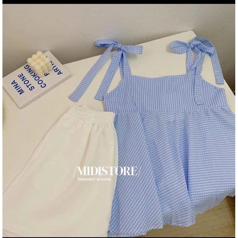 Set Áo Babydoll 2 Dây Kẻ Caro Xanh Xốp Kèm Quần Short Trắng Siêu Xinh. MET SHOP