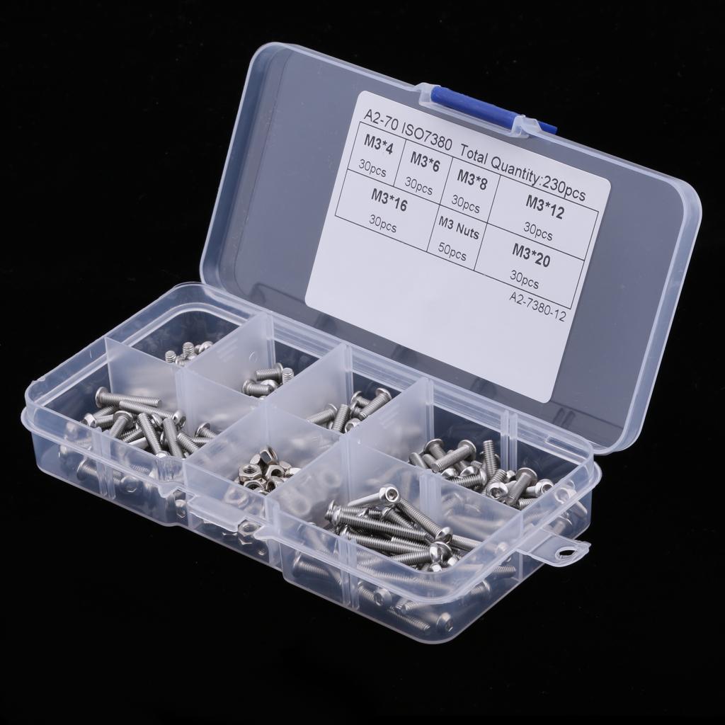 230 Pieces M3 Stainless Steel Button Head Hex Socket Screw & Hex Nuts Kit with Plastic Box