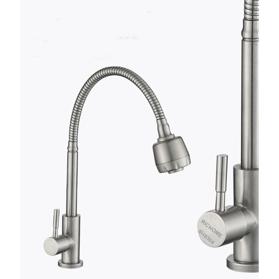 Vòi rửa chén xả lạnh cắm chậu inox 304 nguyên khối cần mềm - Đầu vòi 2 chế độ tăng áp- Tặng kèm dây cấp lạnh dài 60cm