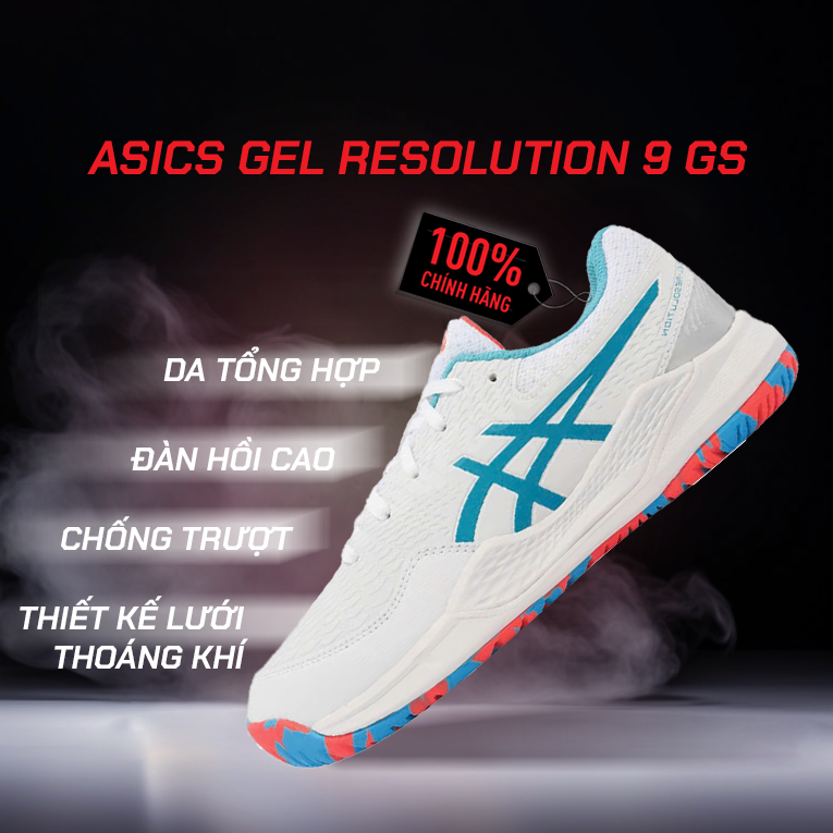 Giày Pickleball ASICS GEL-RESOLUTION 9 GS Cao Cấp - Trắng Xanh Đỏ - Bền Bỉ Vượt Trội - Giảm Chấn Êm Ái