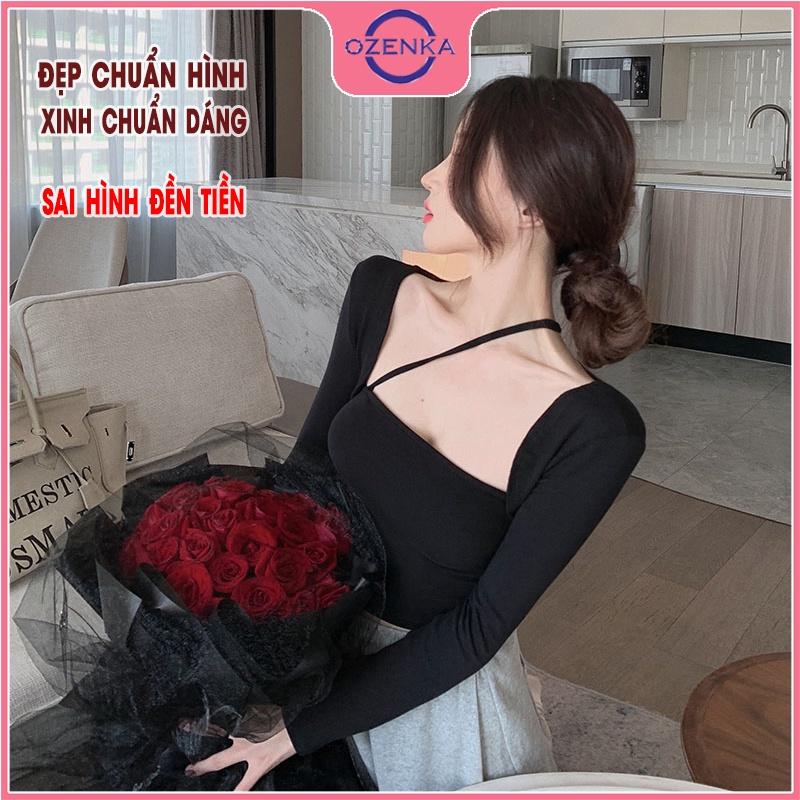 Áo khoác croptop sát nách tay dài áo 2 dây OZENKA chất thun gân 100% cotton đen trắng free size dưới 50 kg