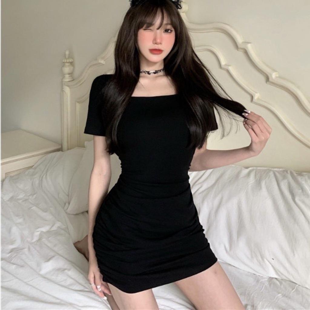 Váy đầm bigsize cổ vuông tay ngắn dáng dài ôm body chất gân tăm co giãn nữ từ 60-95kg G77