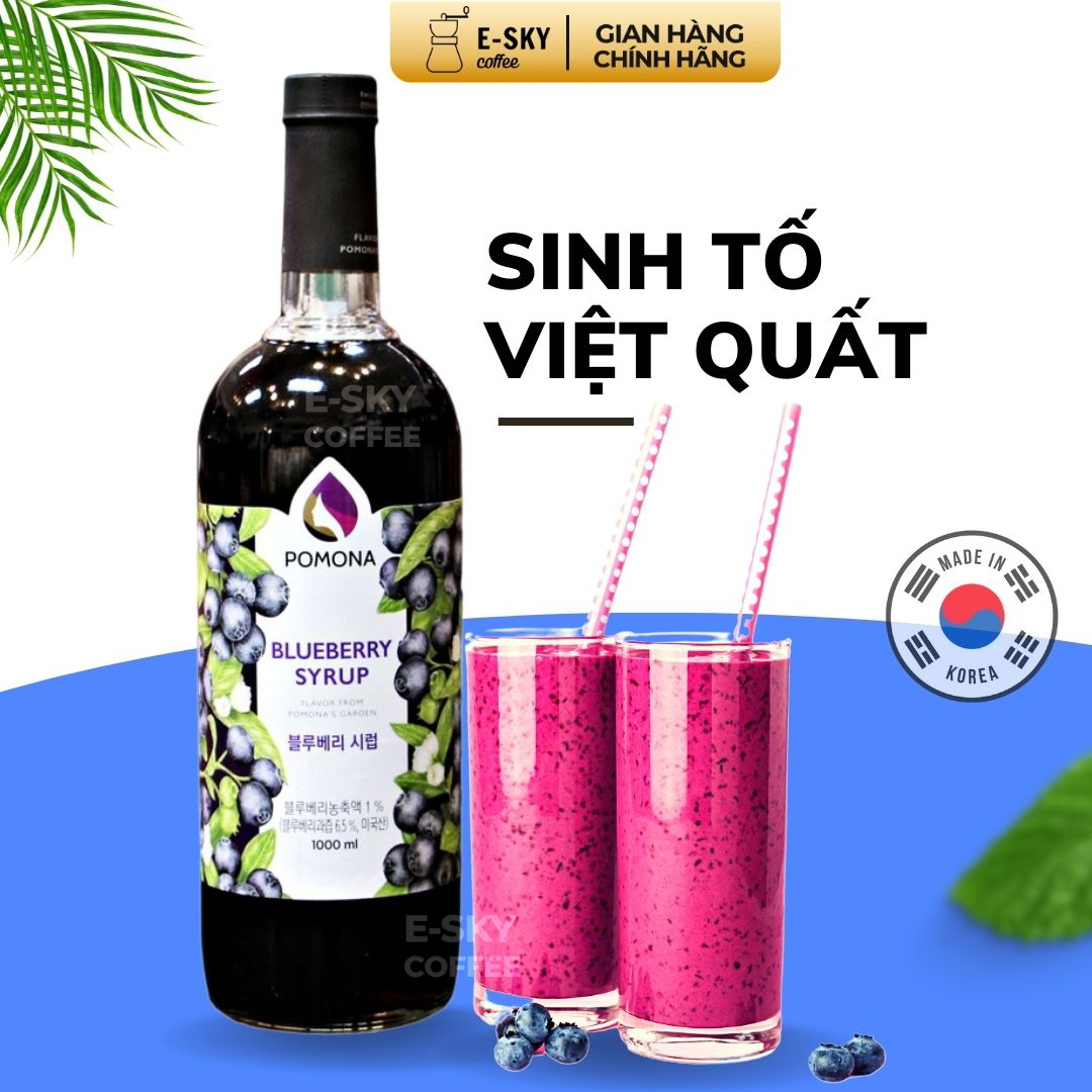 Siro Việt Quất POMONA Blueberry Syrup Nguyên Liệu Pha Chế Hàn Quốc Chai Thủy Tinh 1 lít