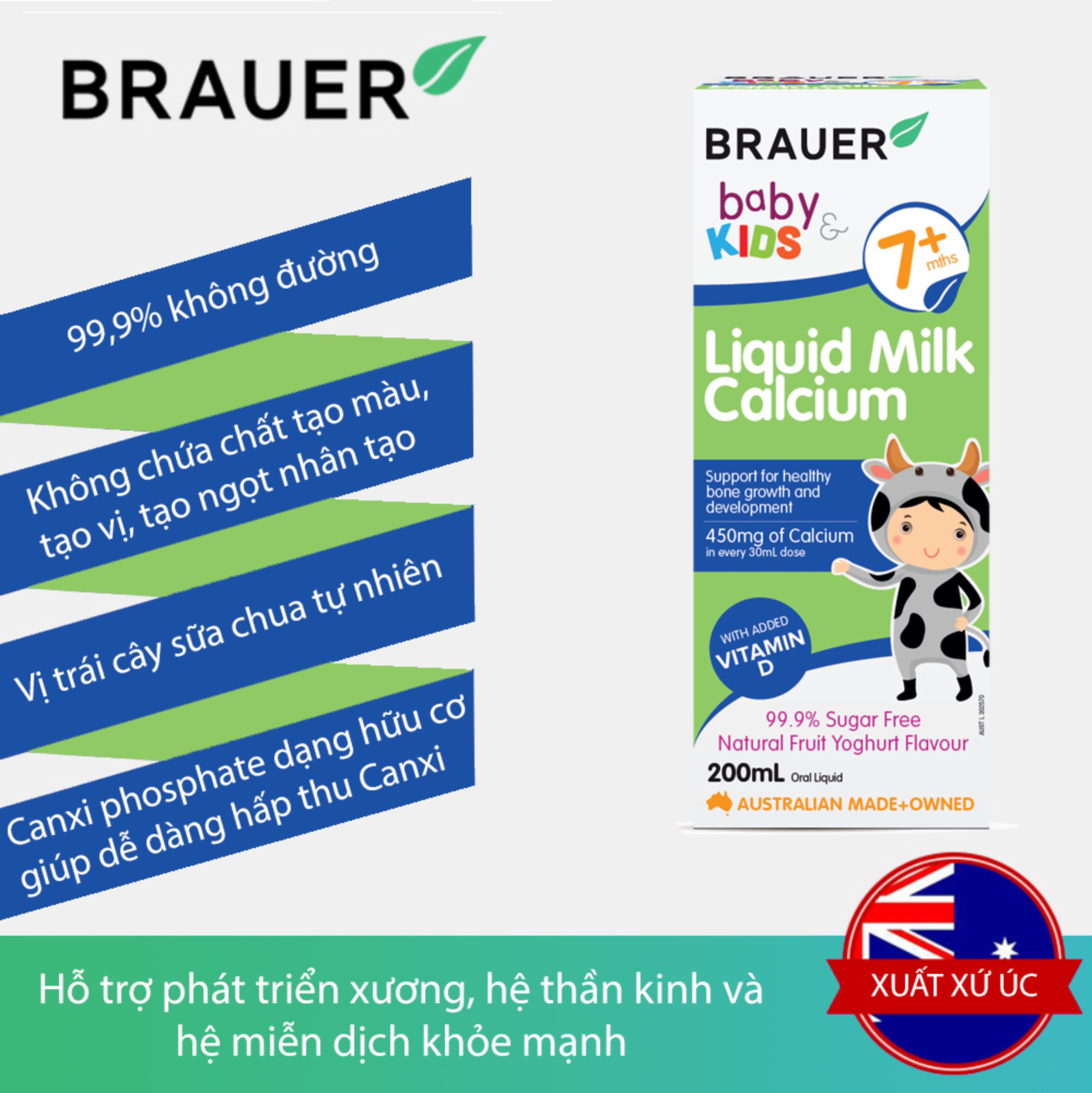 Canxi dạng sữa và Vitamin D Brauer Baby &amp; Kids Liquid Milk Calcium cho bé từ 7 tháng tuổi (200ml)